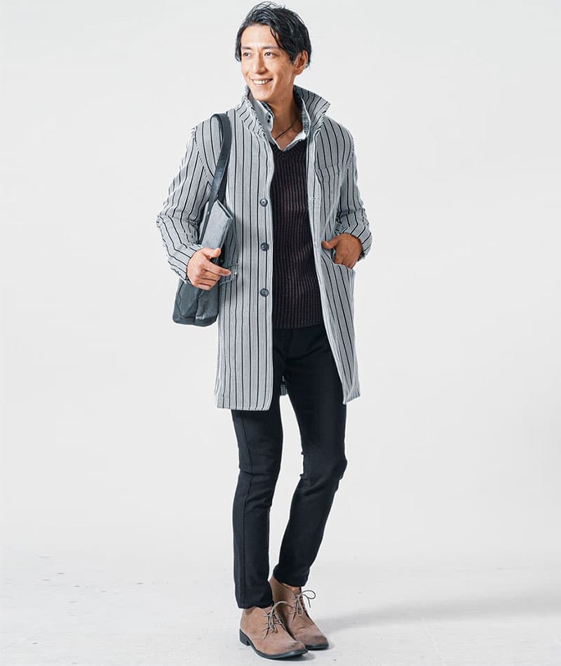 二重臼リブ編みストレッチVネックニットTシャツ