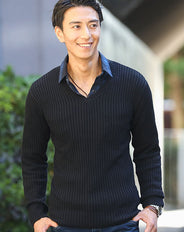 二重臼リブ編みストレッチVネックニットTシャツ