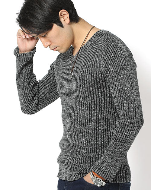 二重臼リブ編みストレッチVネックニットTシャツ
