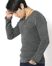 二重臼リブ編みストレッチVネックニットTシャツ