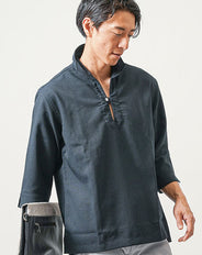 接触冷感パナマ織り7分袖ホリゾンタルカラーシャツ