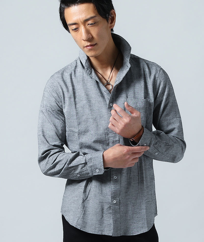 綿麻素材ホリゾンタルカラー長袖シャツ