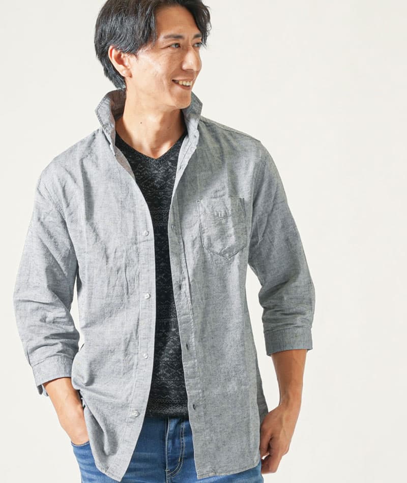 綿麻素材ホリゾンタルカラー７分袖シャツ