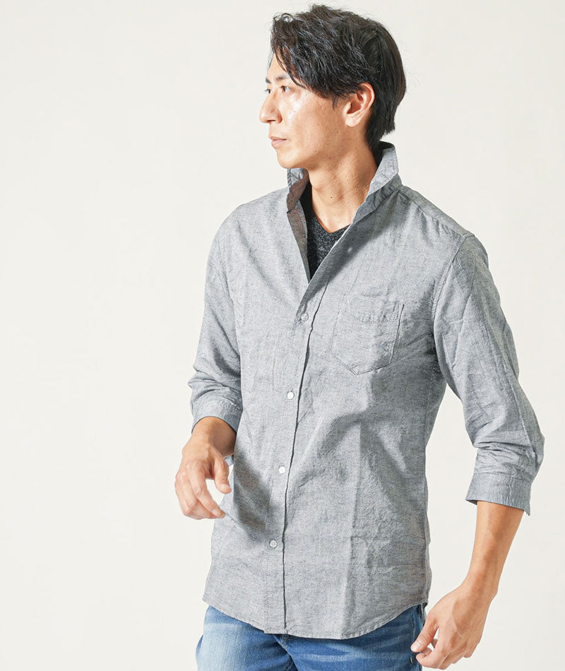綿麻素材ホリゾンタルカラー７分袖シャツ