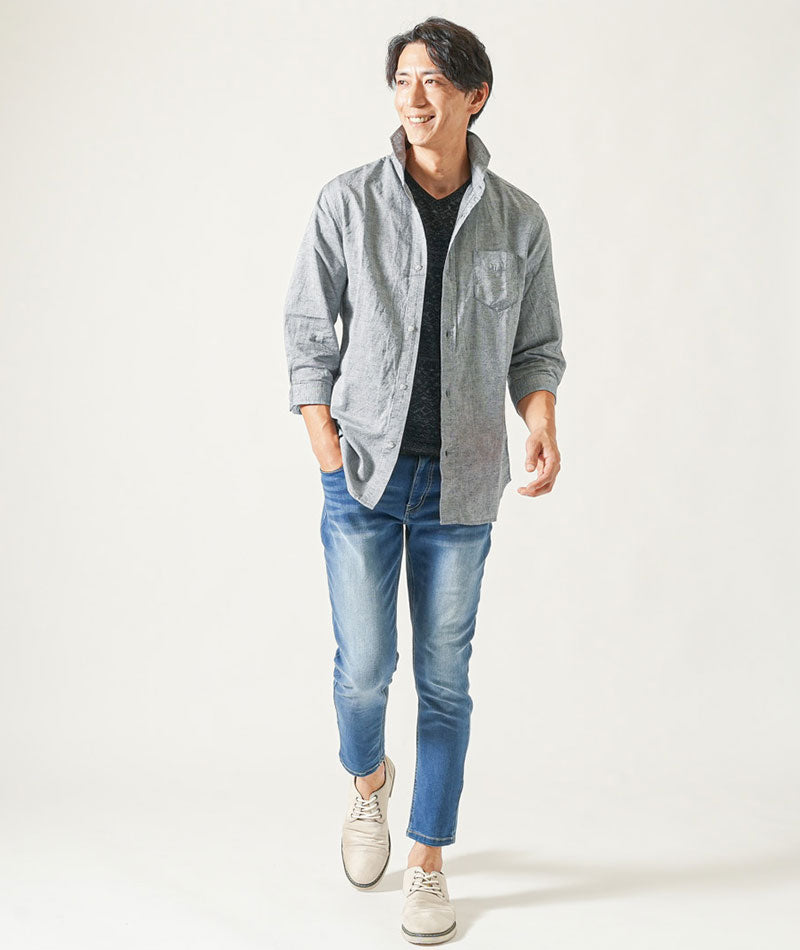 綿麻素材ホリゾンタルカラー７分袖シャツ