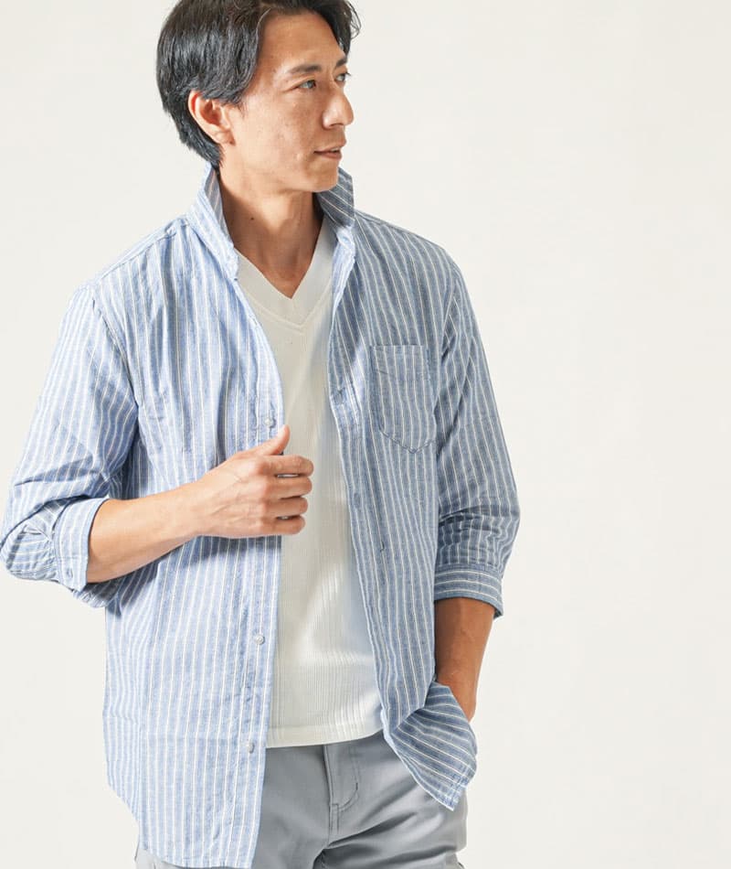 綿麻素材ホリゾンタルカラー７分袖シャツ