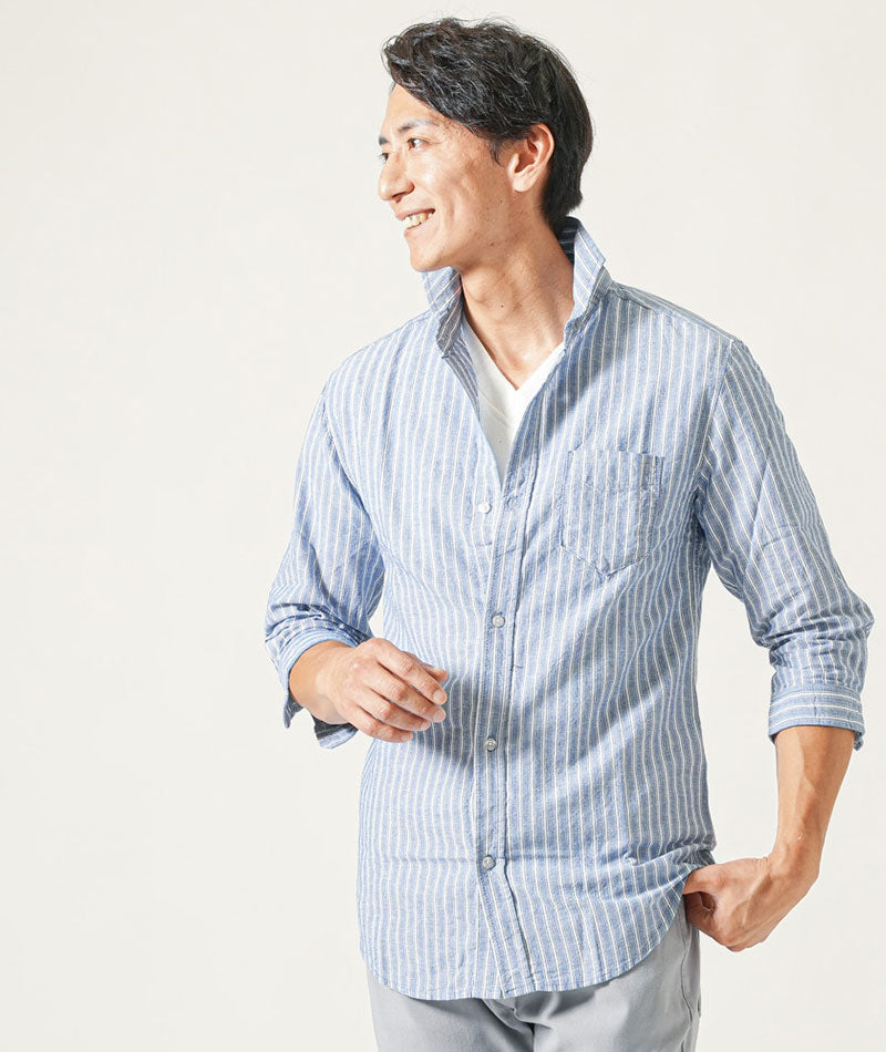 綿麻素材ホリゾンタルカラー７分袖シャツ