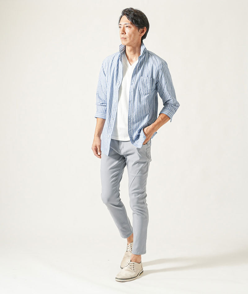 綿麻素材ホリゾンタルカラー７分袖シャツ