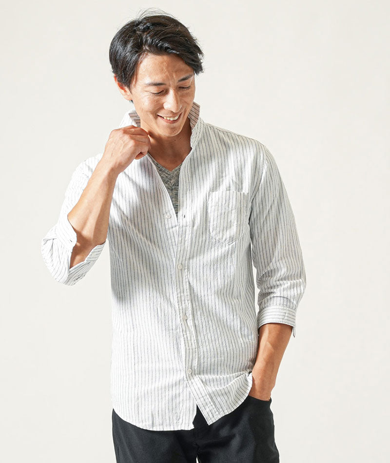 綿麻素材ホリゾンタルカラー７分袖シャツ