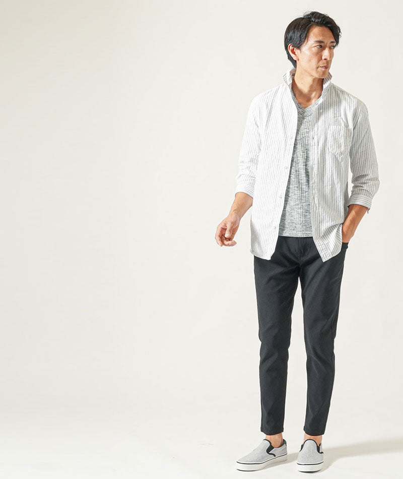 綿麻素材ホリゾンタルカラー７分袖シャツ