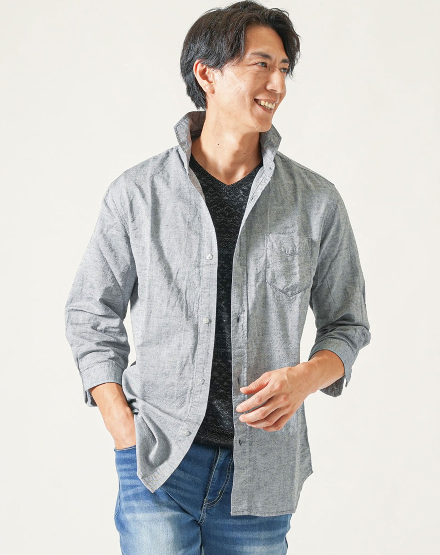 綿麻素材ホリゾンタルカラー７分袖シャツ