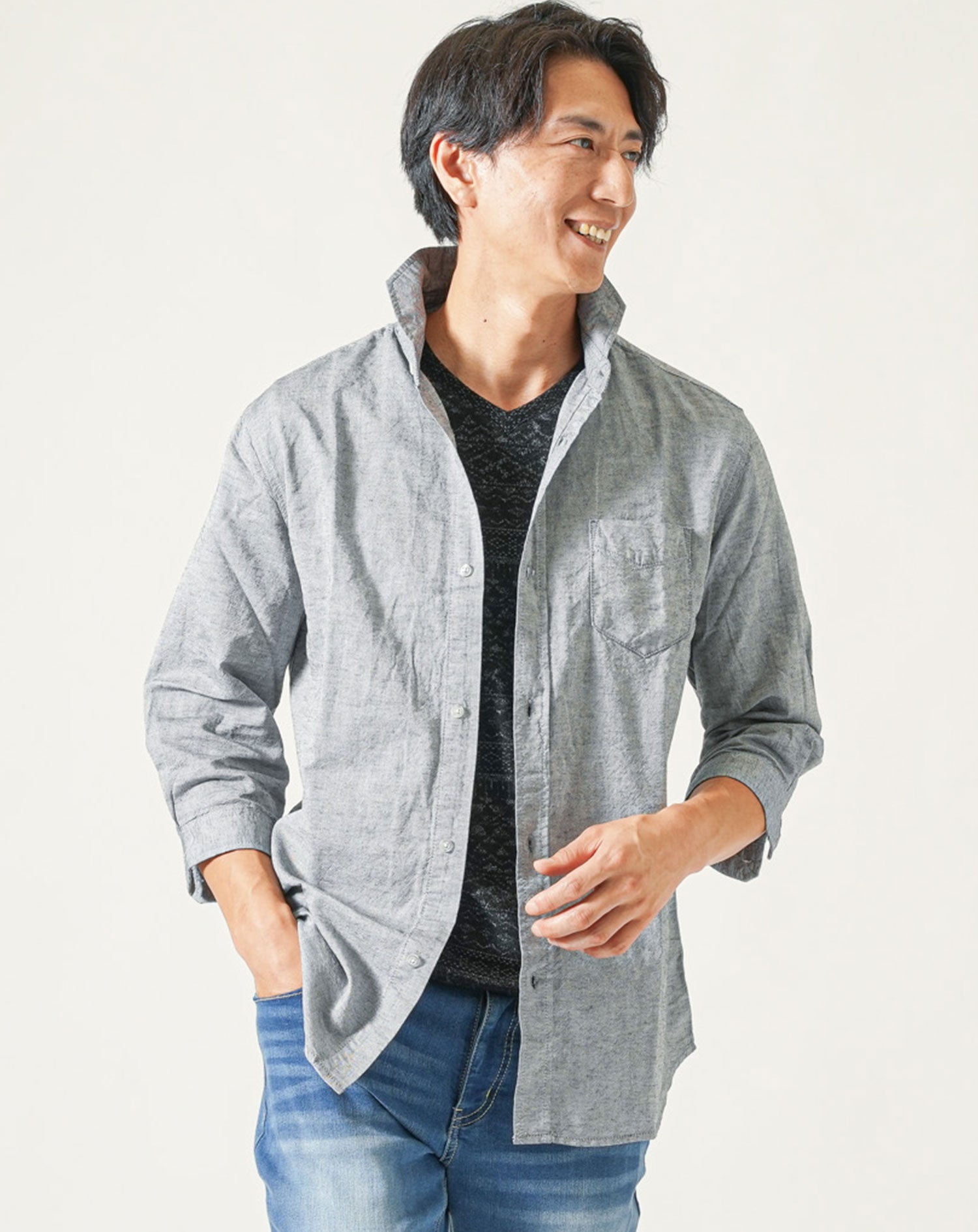 綿麻素材ホリゾンタルカラー７分袖シャツ