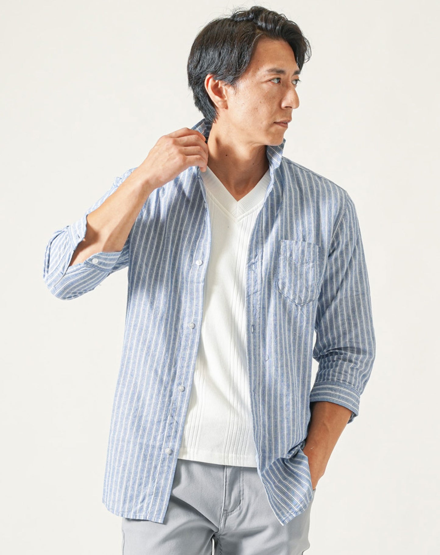 綿麻素材ホリゾンタルカラー７分袖シャツ