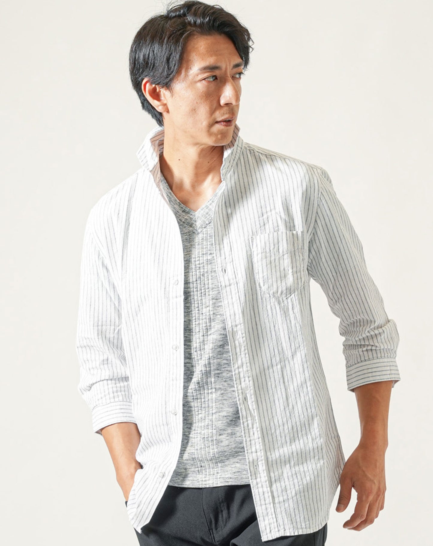 綿麻素材ホリゾンタルカラー７分袖シャツ