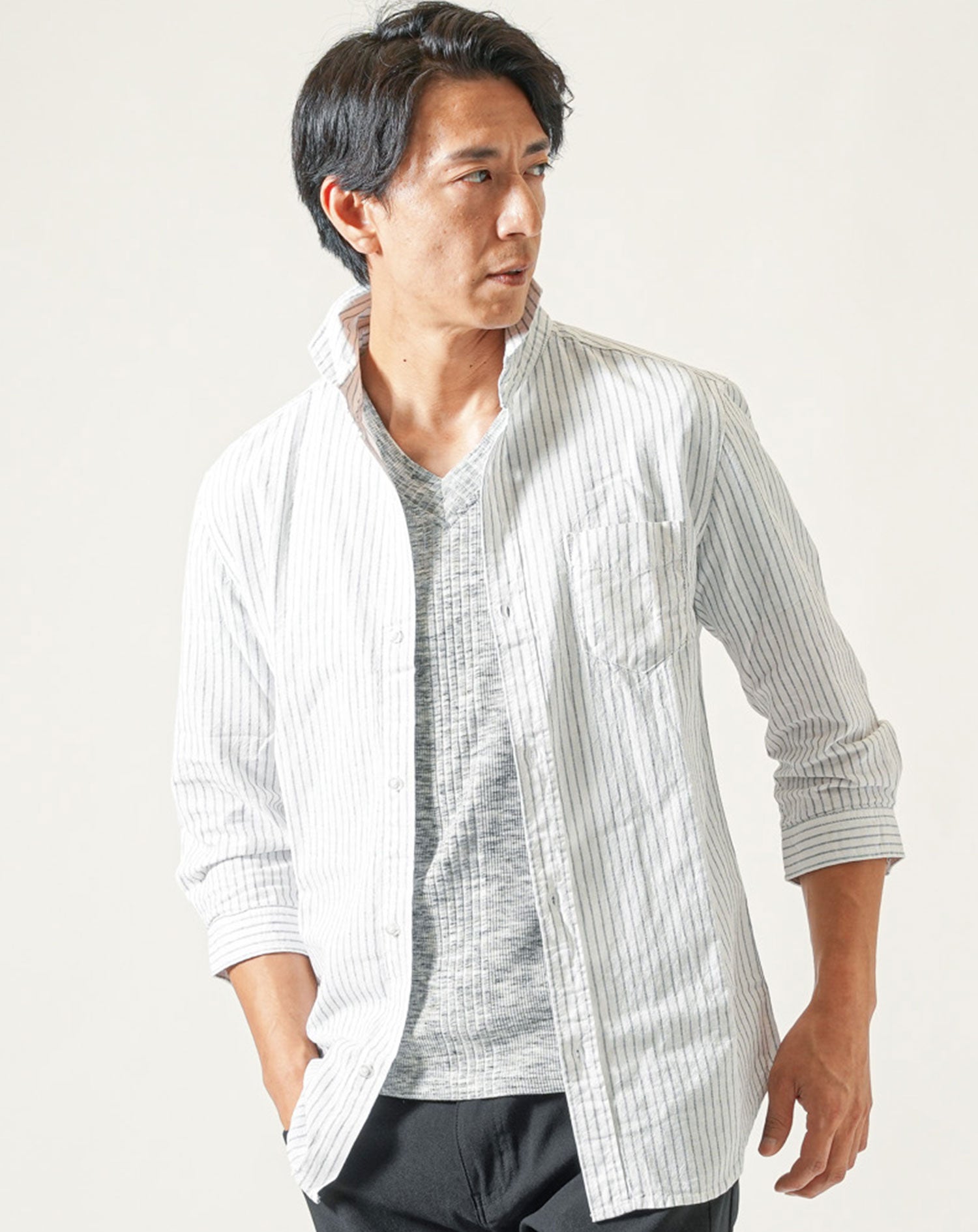 綿麻素材ホリゾンタルカラー７分袖シャツ