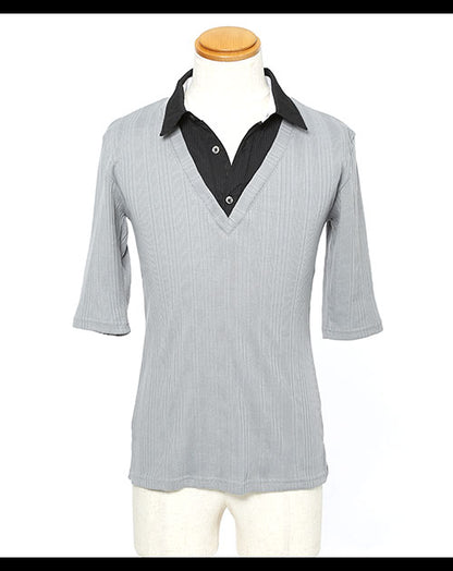 フェイクレイヤードランダムテレコ５分袖カットソー