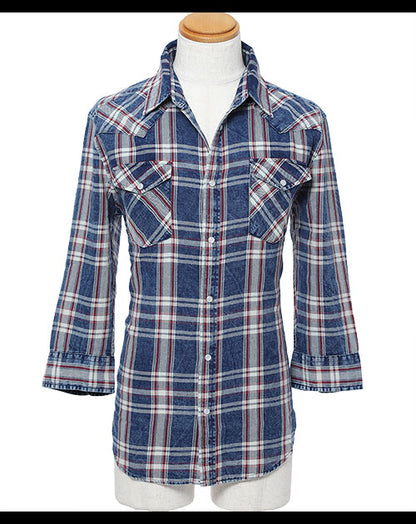 インディゴチェック７分袖ウエスタンシャツ