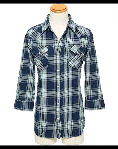インディゴチェック７分袖ウエスタンシャツ