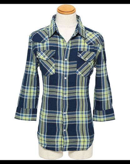 インディゴチェック７分袖ウエスタンシャツ