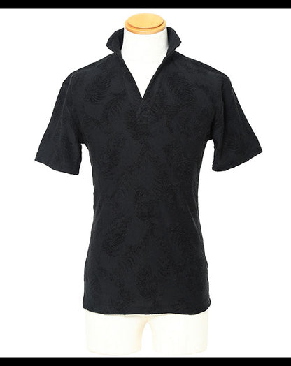 パイルボタニカルジャガード襟ワイヤー入りポロシャツ