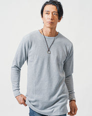 ワッフル素材クルーネック長袖ロングTシャツ