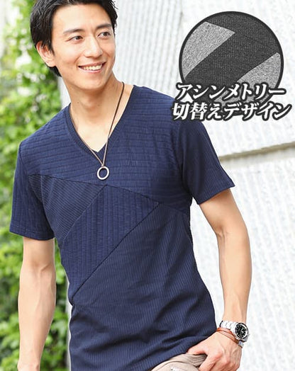 アシンメトリー切替えデザイン半袖Vネックカットソー