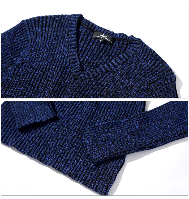 タイトフィット Vネック ニット セーター メンズ スリム ぴったり 細身