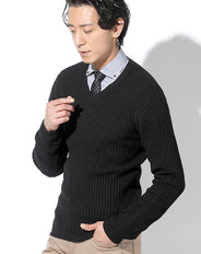 タイトフィットVネック二重臼リブ編みストレッチニットセーター Biz