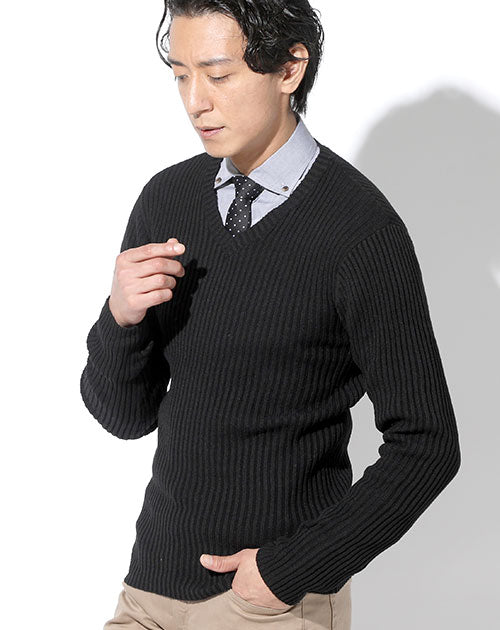 タイトフィットVネック二重臼リブ編みストレッチニットセーター Biz