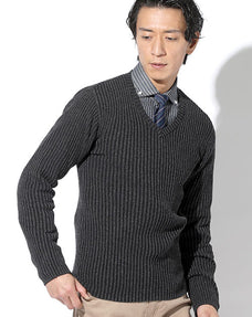 タイトフィットVネック二重臼リブストレッチニットセーター