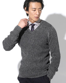 タイトフィットVネック二重臼リブ編みストレッチニットセーター Biz