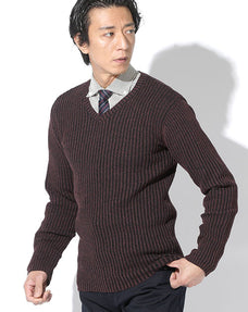 タイトフィットVネック二重臼リブ編みストレッチニットセーター Biz