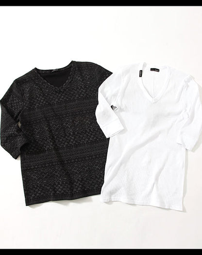 ７分袖ジャガードデザインカットソー×ブランドネーム付き７分袖テレコカットソー　２点セット　