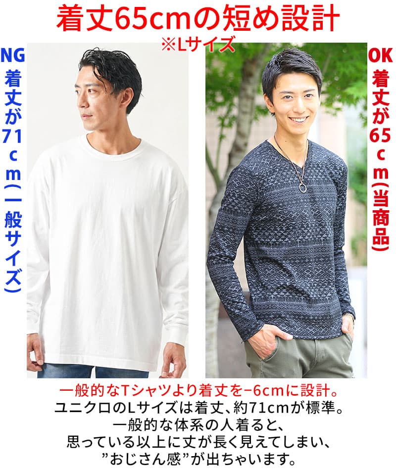着丈短めでスマートに見える長袖ジャガードデザインVネックTシャツ