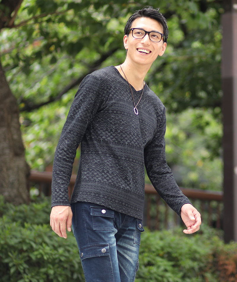 Tシャツ カットソー メンズ 長袖 ロンT Vネック プリント おしゃれ