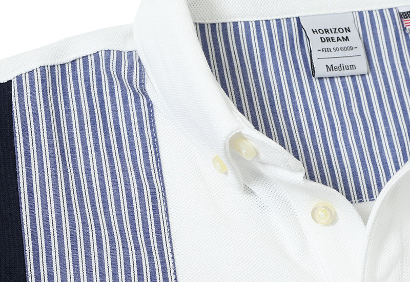 「セール品」ストライプ切替デザインボタンダウン半袖ポロシャツ