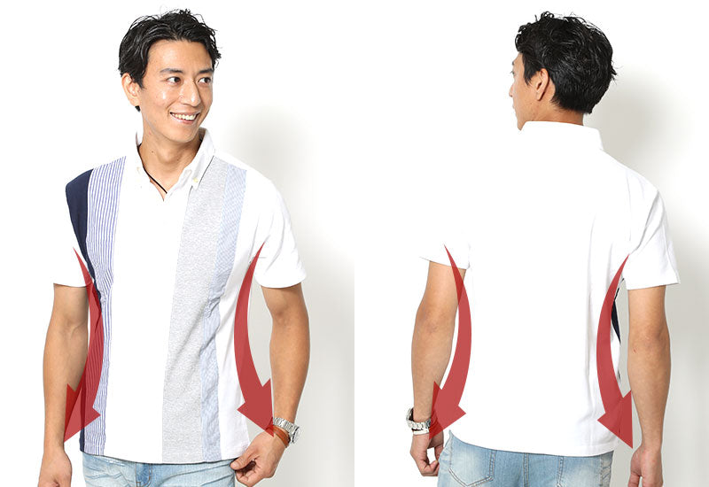 「セール品」ストライプ切替デザインボタンダウン半袖ポロシャツ