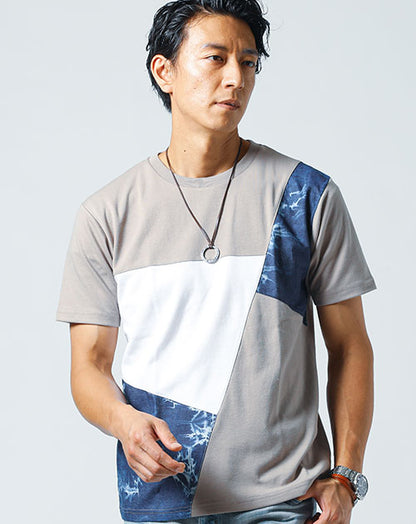 ブリーチデニム切り替え半袖クルーネックＴシャツ