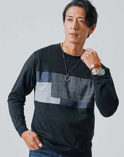 グレンチェック切り替え長袖クルーネックTシャツ