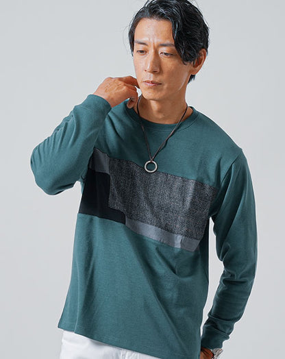 グレンチェック切り替え長袖クルーネックTシャツ