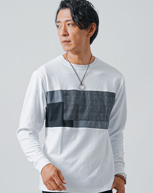 グレンチェック切り替え長袖クルーネックTシャツ