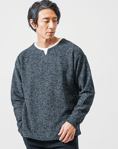起毛メランジフェイクレイヤードオーバーサイズ長袖キーネックTシャツ