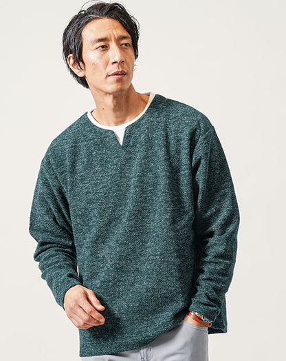 起毛メランジフェイクレイヤードオーバーサイズ長袖キーネックTシャツ