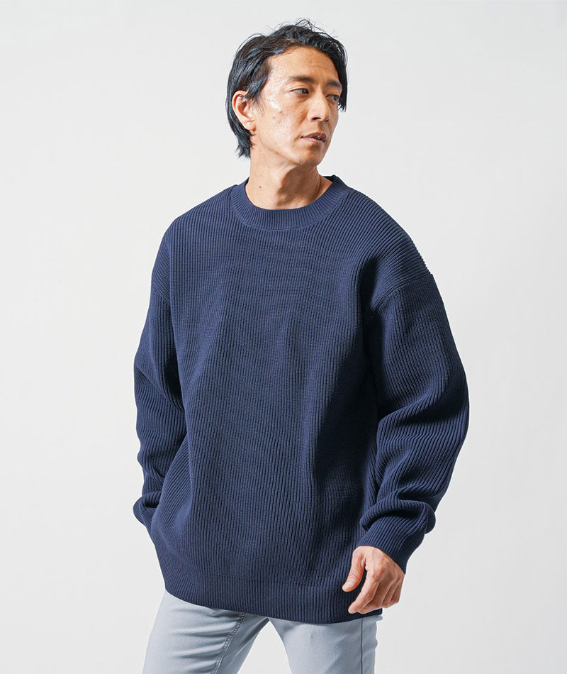 スローン】日本製 畦編みニット クールネック 毛100％ セーター ブルー 
