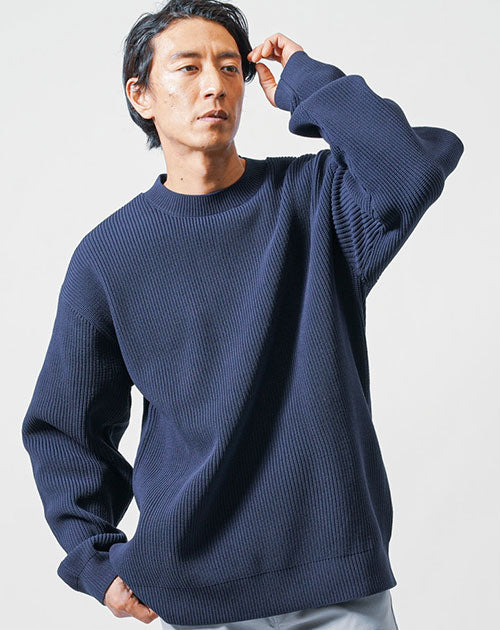 【スローン】日本製 畦編みニット クールネック　毛100％ セーター ブルー　青