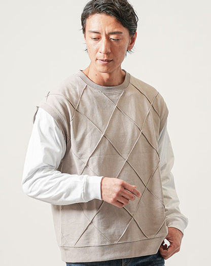 ベスト風フェイクレイヤード長袖ピンタッククルーネックTシャツ