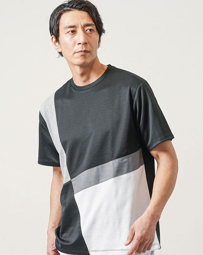 接触冷感斜め切り替えデザイン半袖クルーネックTシャツ