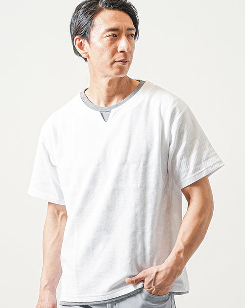 フェイクレイヤードオーバーサイズ半袖キーネックTシャツ