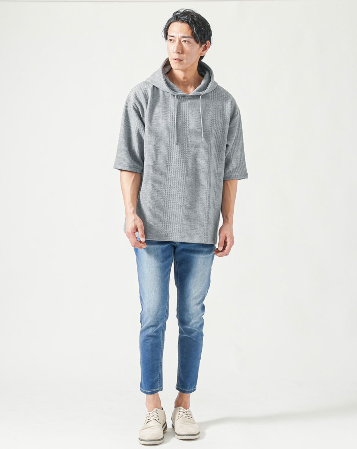 グレンチェック柄オーバーサイズ半袖プルオーバーパーカー プル