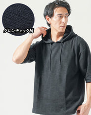 グレンチェック柄オーバーサイズ半袖プルオーバーパーカー